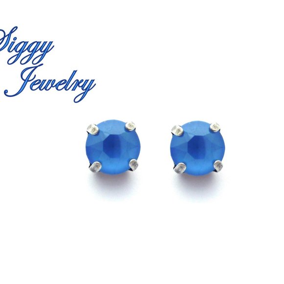 Summer Blue 8mm Crystal Stud Post Earrings, Assorted Finishes, Gift Packaged - Picture 1 of 6